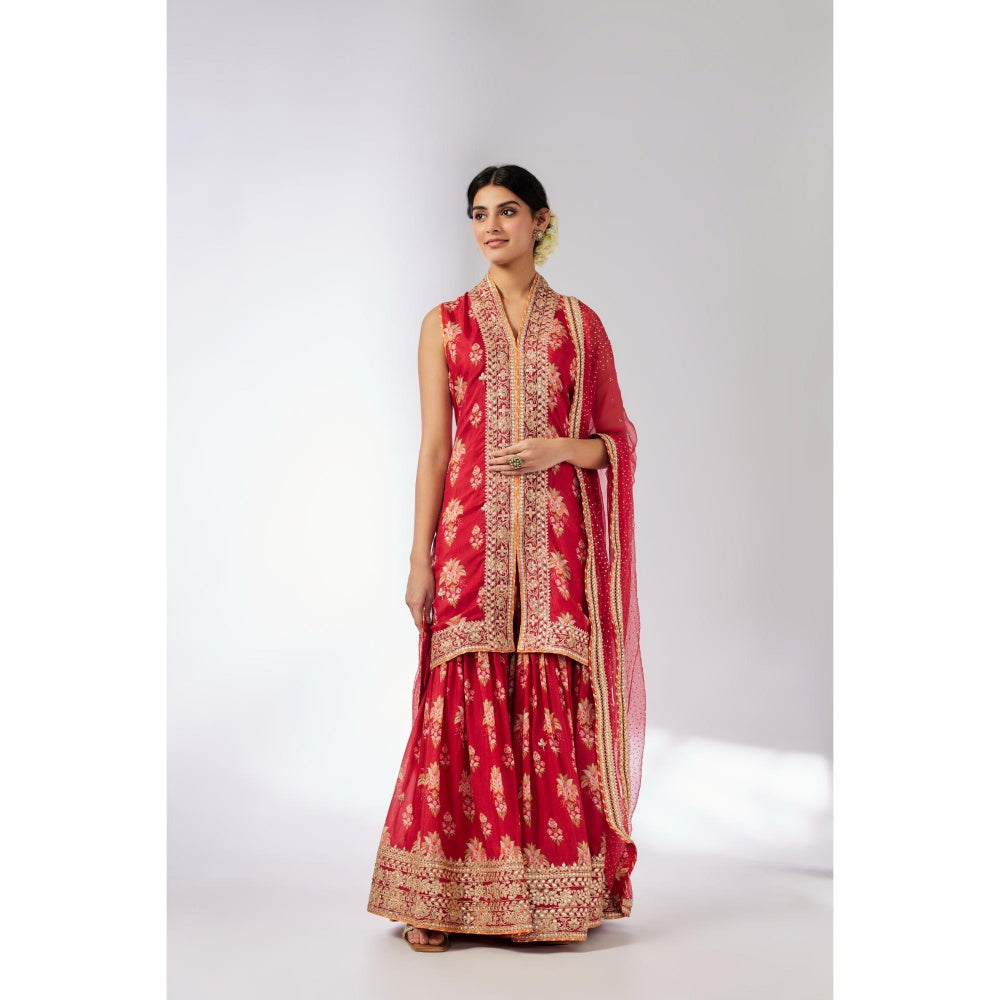 Gopi Vaid Red Dhriti Sleeveless Sharara with Kurta and Dupatta (Set of 3)