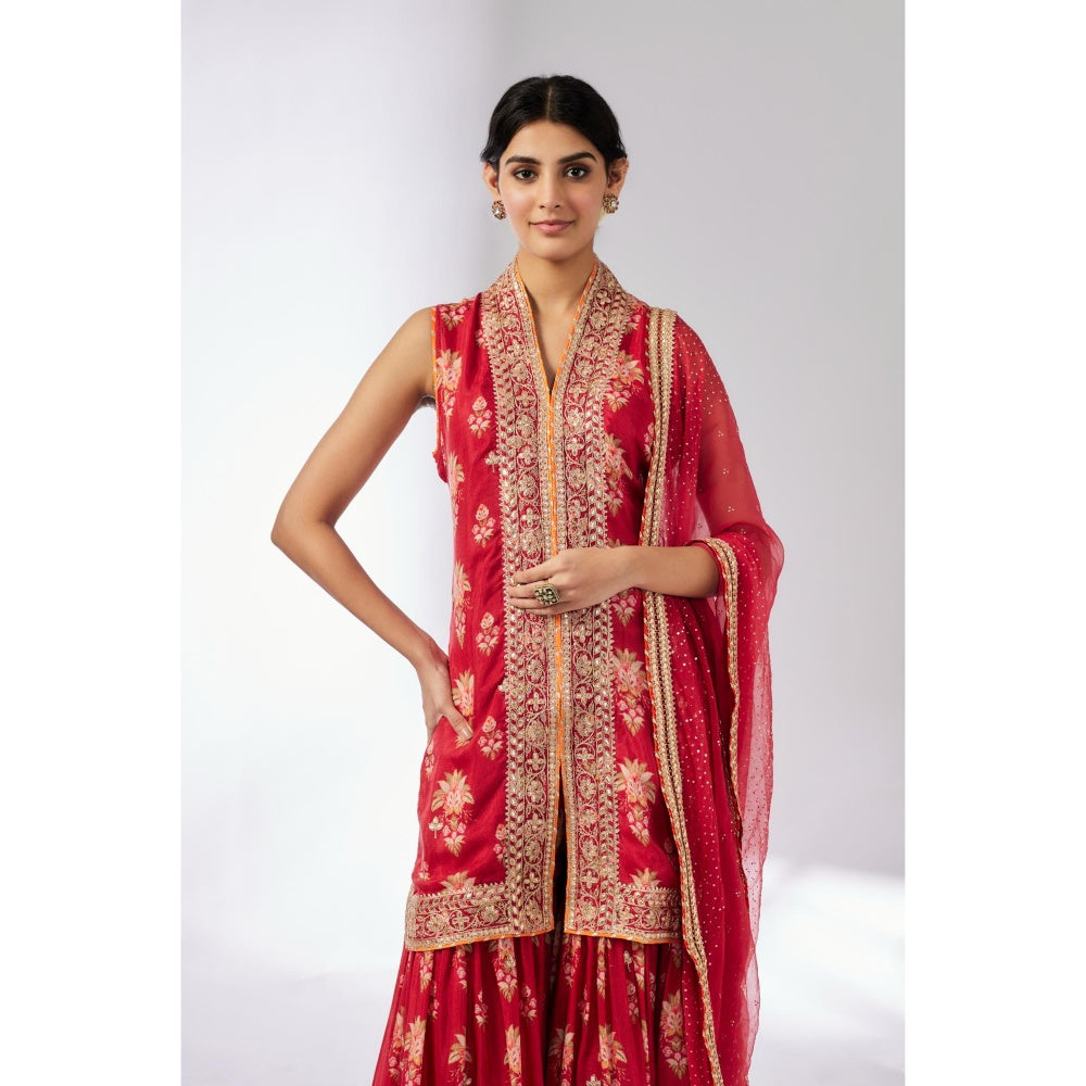 Gopi Vaid Red Dhriti Sleeveless Sharara with Kurta and Dupatta (Set of 3)