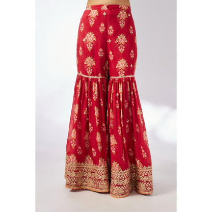 Gopi Vaid Red Dhriti Sleeveless Sharara with Kurta and Dupatta (Set of 3)