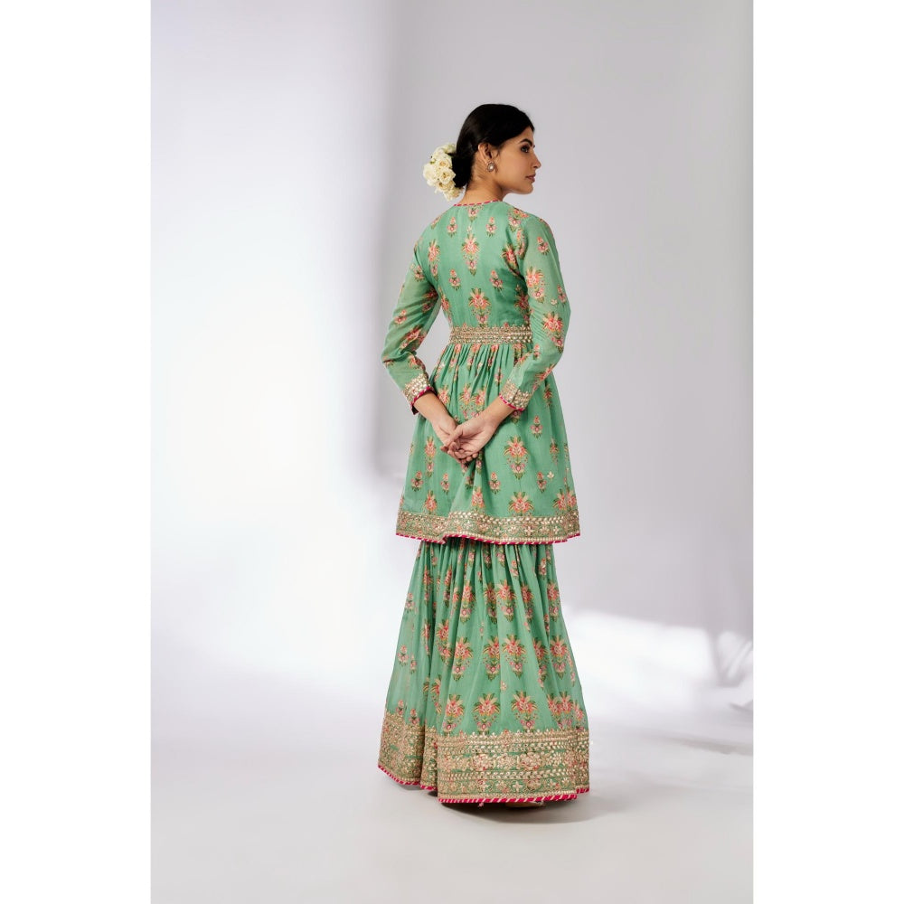 Gopi Vaid Green Samiksha Peplum Kurta with Sharara and Dupatta (Set of 3)