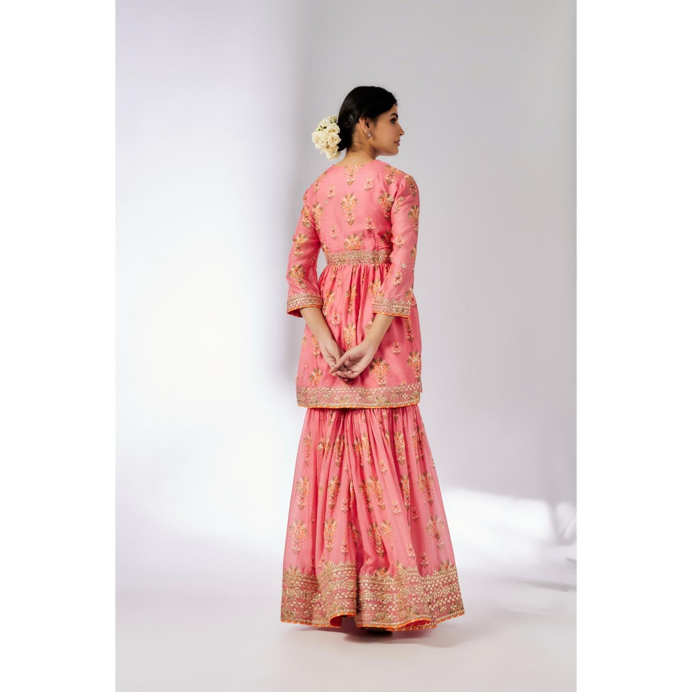Gopi Vaid Pink Samiksha Peplum Kurta with Sharara and Dupatta (Set of 3)