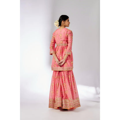 Gopi Vaid Pink Samiksha Peplum Kurta with Sharara and Dupatta (Set of 3)