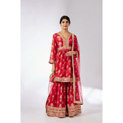 Gopi Vaid Red Samiksha Peplum Kurta with Sharara and Dupatta (Set of 3)