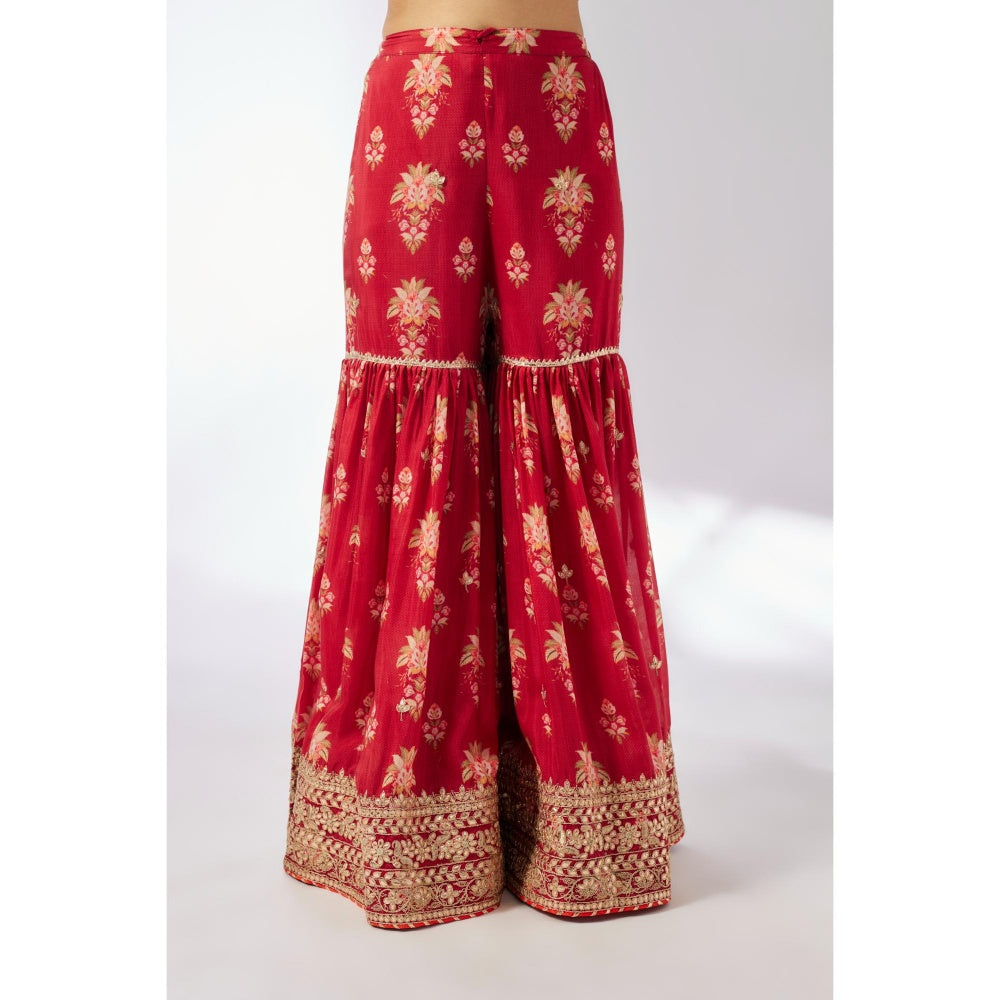 Gopi Vaid Red Samiksha Peplum Kurta with Sharara and Dupatta (Set of 3)