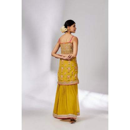 Gopi Vaid Mustard Chhaya Strappy Sharara with Kurta and Dupatta (Set of 3)