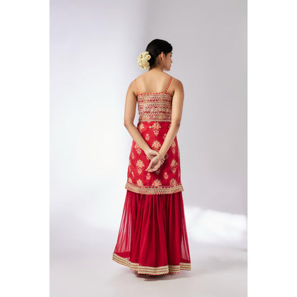 Gopi Vaid Red Chhaya Strappy Sharara with Kurta and Dupatta (Set of 3)