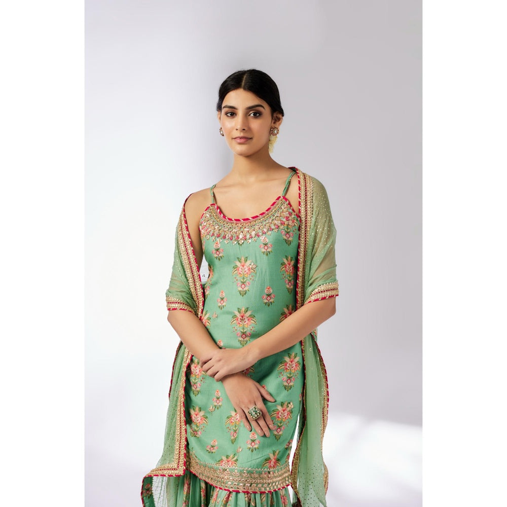 Gopi Vaid Green Advika Strappy Sharara with Kurta and Dupatta (Set of 3)