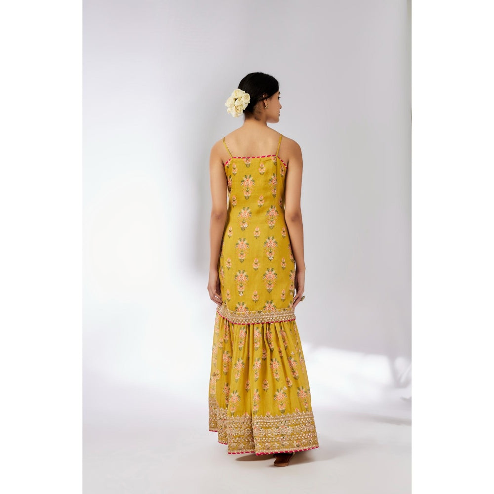 Gopi Vaid Mustard Advika Strappy Sharara with Kurta and Dupatta (Set of 3)