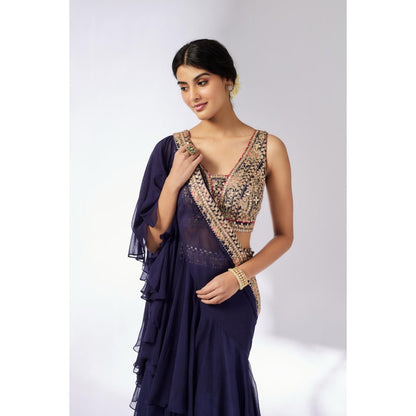 Gopi Vaid Navy Blue Shifa Pre Draped Saree with Stitched Blouse