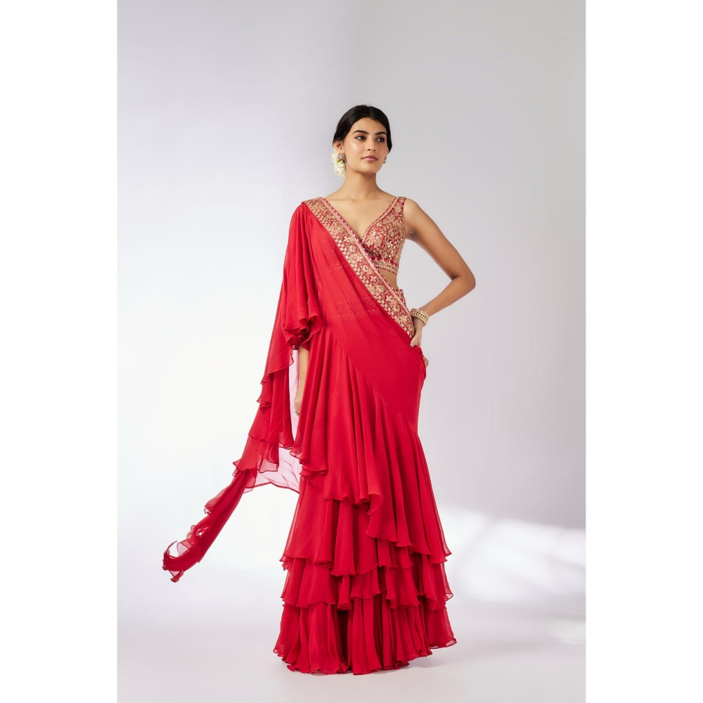 Gopi Vaid Red Shifa Pre Draped Saree with Stitched Blouse