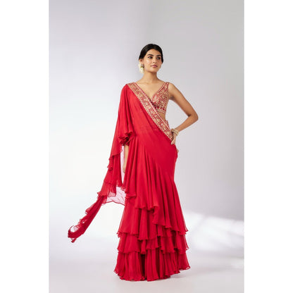 Gopi Vaid Red Shifa Pre Draped Saree with Stitched Blouse