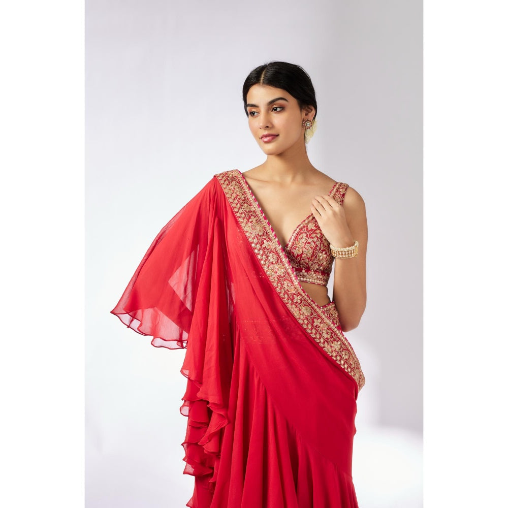 Gopi Vaid Red Shifa Pre Draped Saree with Stitched Blouse