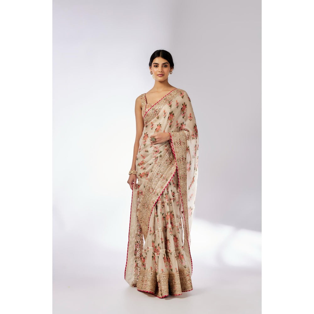 Gopi Vaid Ivory Mahira Saree with Stitched Blouse