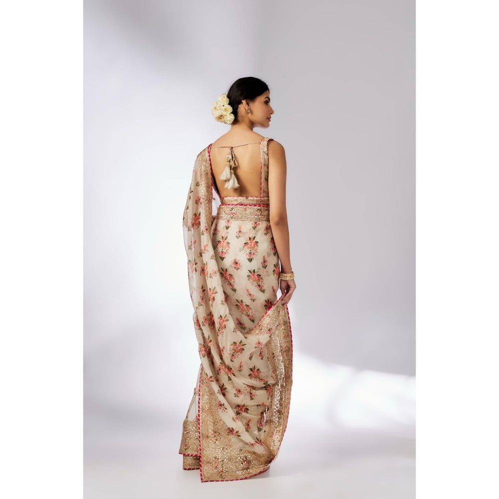 Gopi Vaid Ivory Mahira Saree with Stitched Blouse