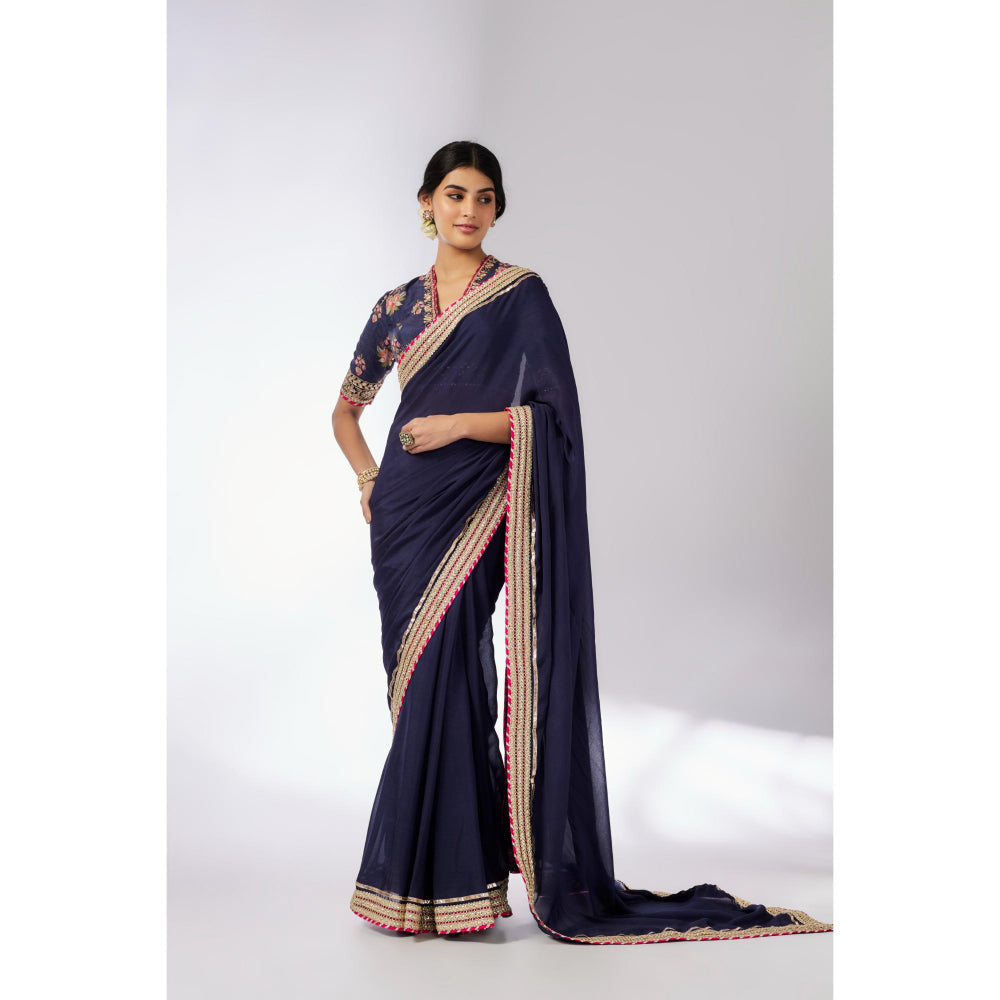 Gopi Vaid Navy Blue Anisha Saree with Stitched Blouse and Petticoat