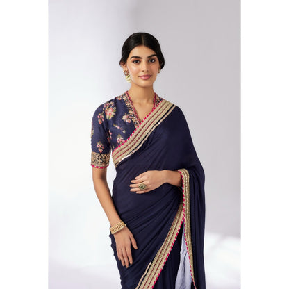 Gopi Vaid Navy Blue Anisha Saree with Stitched Blouse and Petticoat
