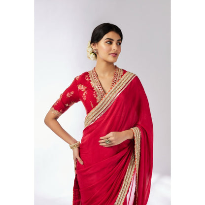 Gopi Vaid Red Anisha Saree with Stitched Blouse and Petticoat