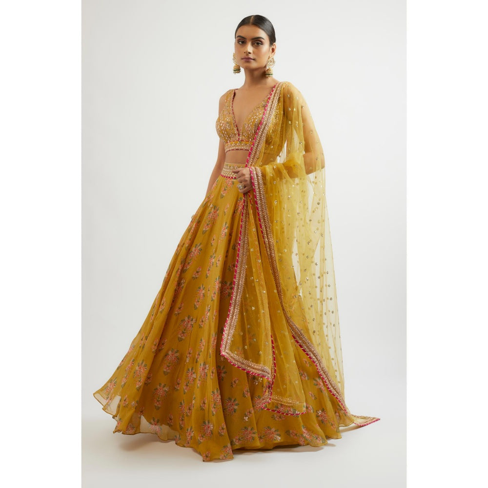 Gopi Vaid Mustard Esha Lehenga with Blouse and Dupatta (Set of 3)