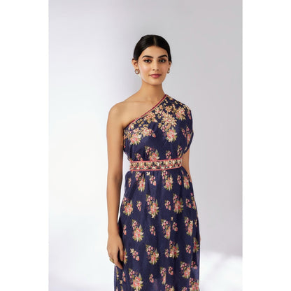 Gopi Vaid Navy Blue Zoya Midi Dress with Belt (Set of 2)