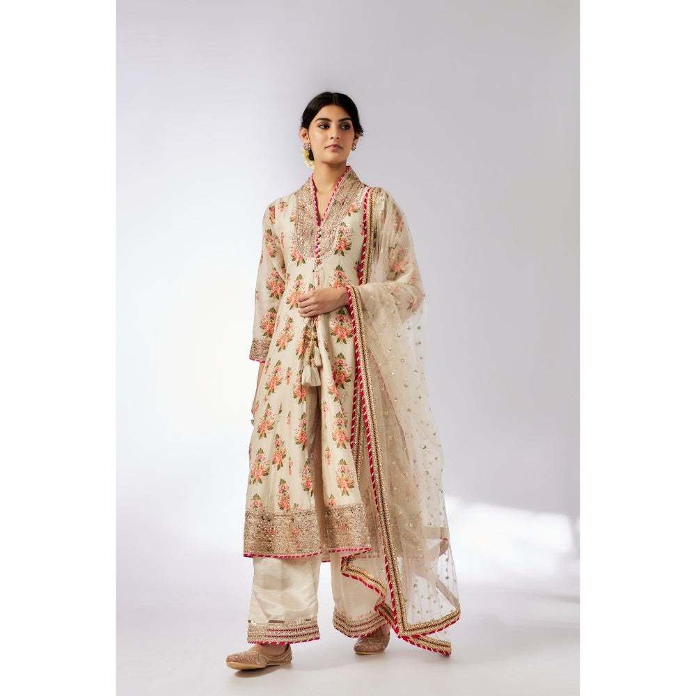 Gopi Vaid Ivory Mansi Kurta with Palazzo and Dupatta (Set of 3)