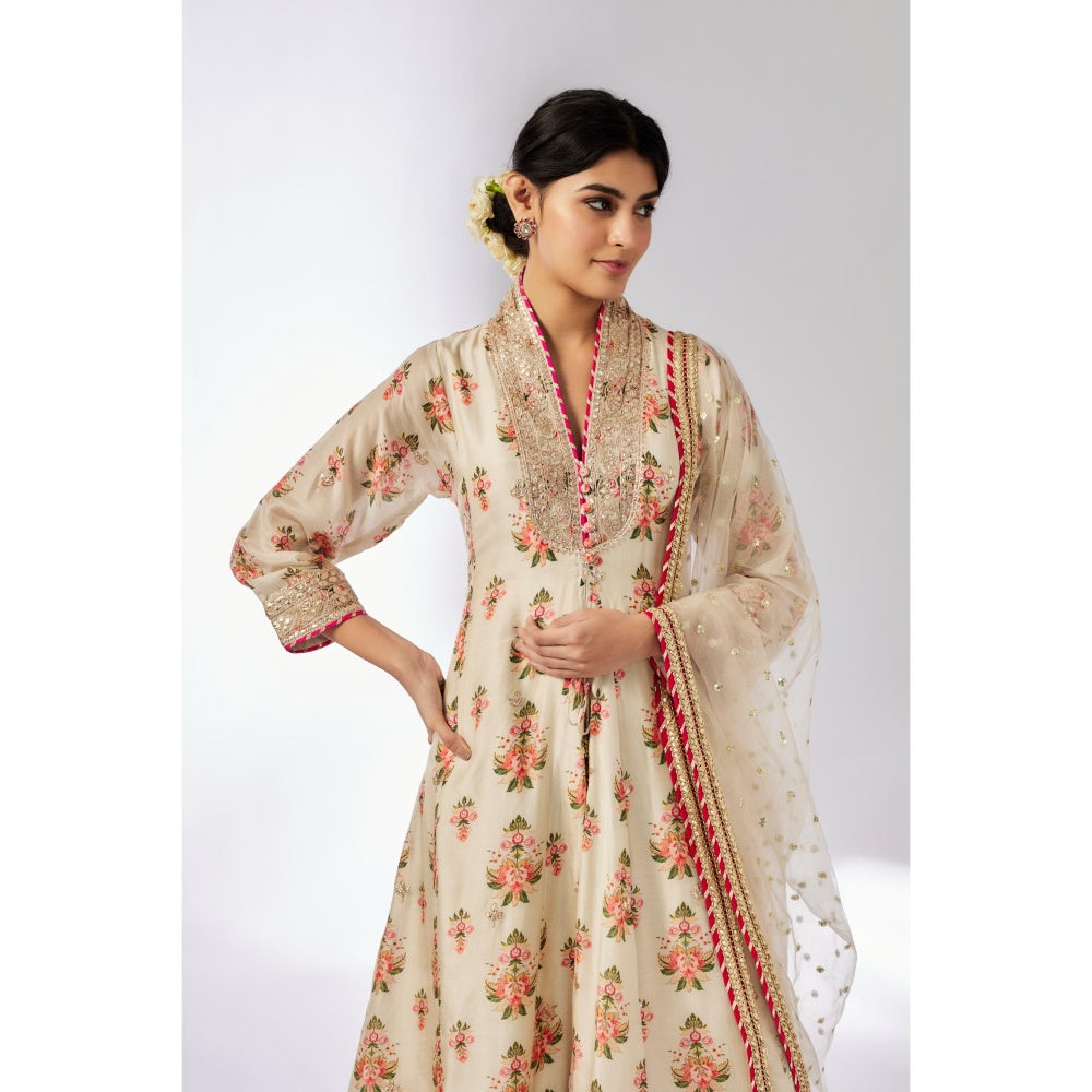 Gopi Vaid Ivory Mansi Kurta with Palazzo and Dupatta (Set of 3)