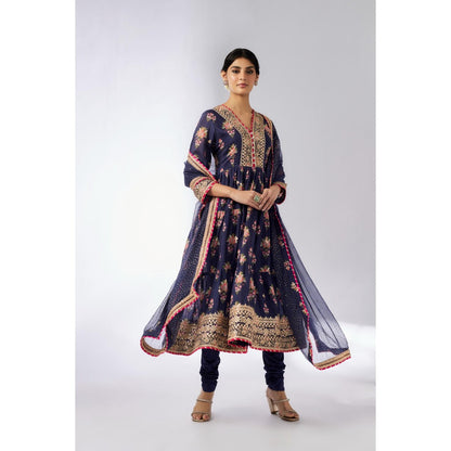 Gopi Vaid Navy Blue Joshna Tiered Anarkali with Churidar and Dupatta (Set of 3)