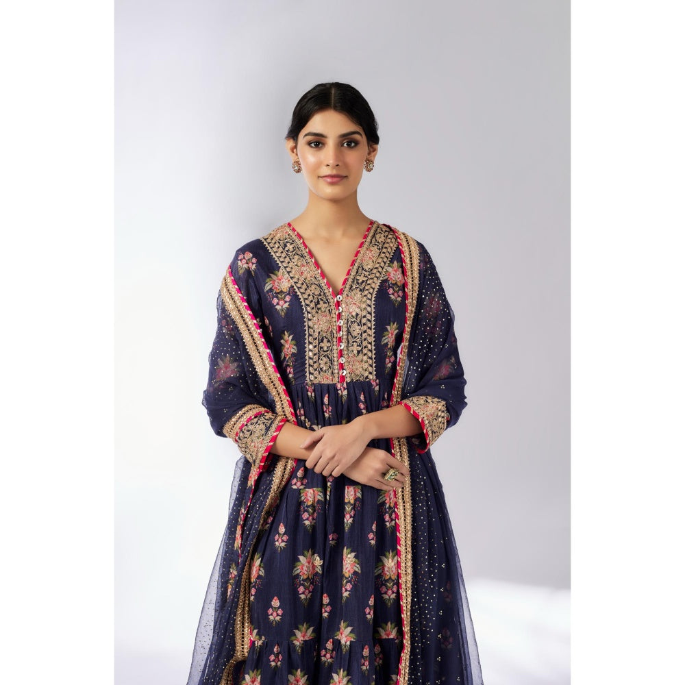 Gopi Vaid Navy Blue Joshna Tiered Anarkali with Churidar and Dupatta (Set of 3)