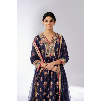 Gopi Vaid Navy Blue Joshna Tiered Anarkali with Churidar and Dupatta (Set of 3)