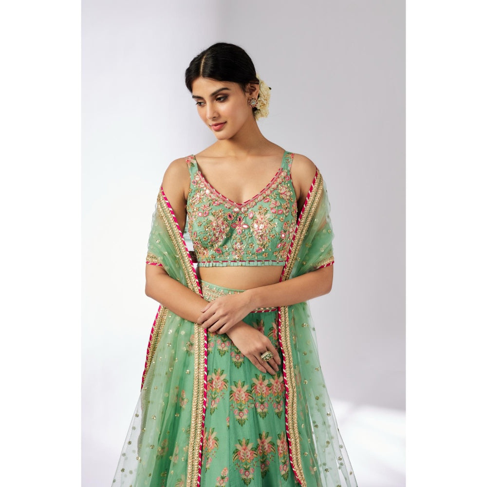 Gopi Vaid Green Malini Lehenga with Blouse and Dupatta (Set of 3)