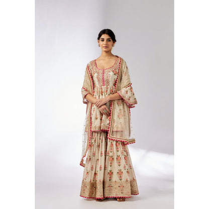 Gopi Vaid Ivory Prachi Peplum Kurta with Sharara and Dupatta (Set of 3)