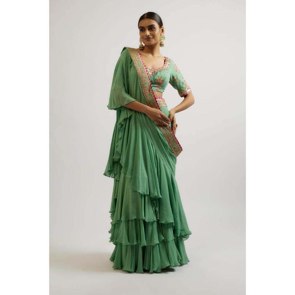 Gopi Vaid Green Shefali Saree with Stitched Blouse