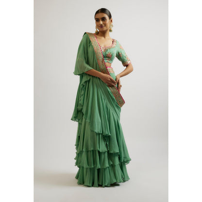 Gopi Vaid Green Shefali Saree with Stitched Blouse