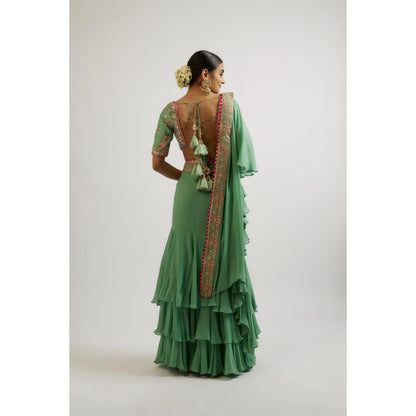 Gopi Vaid Green Shefali Saree with Stitched Blouse