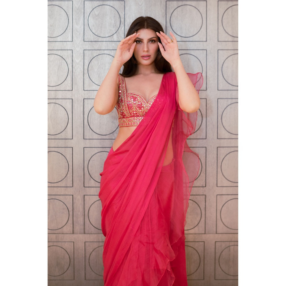Gopi Vaid Pink Richa Pre-Draped Saree with Stitched Blouse
