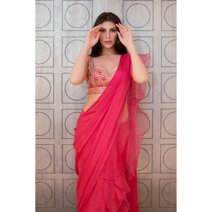 Gopi Vaid Pink Richa Pre-Draped Saree with Stitched Blouse