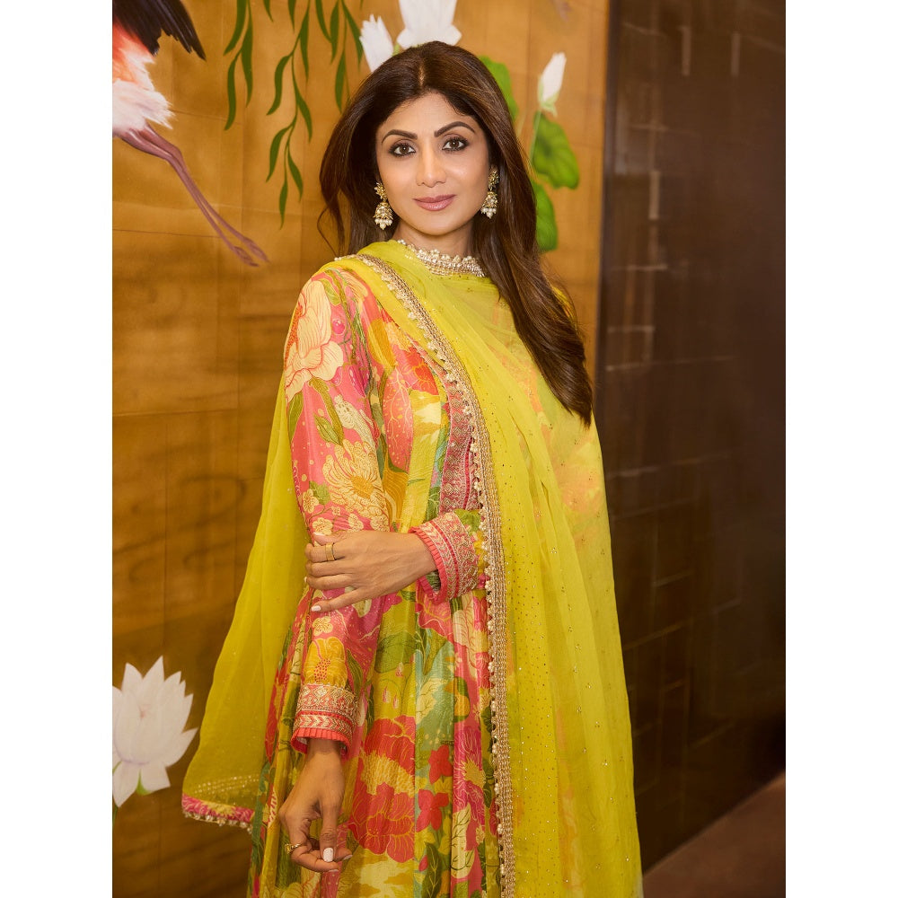 Gopi Vaid Yellow Nasreen Dhoti with Anarkali and Dupatta (Set of 3)