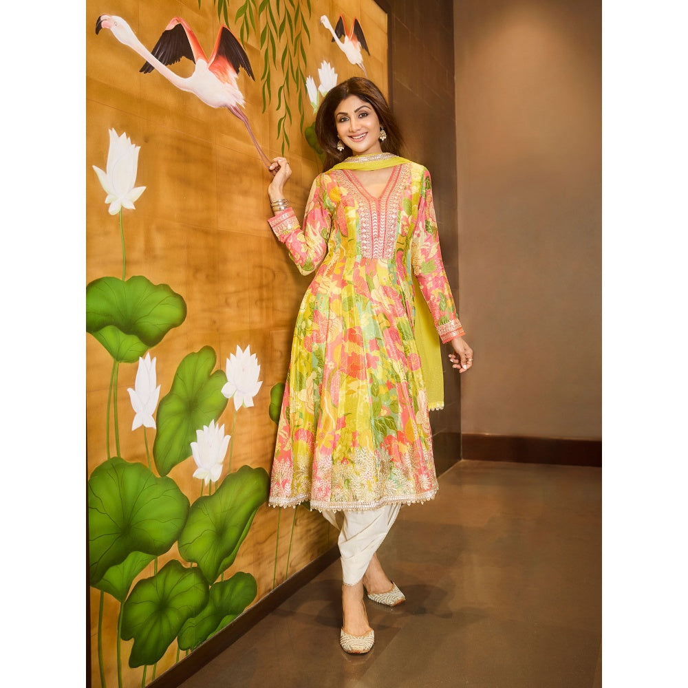 Gopi Vaid Yellow Nasreen Dhoti with Anarkali and Dupatta (Set of 3)