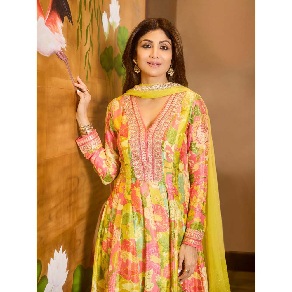 Gopi Vaid Yellow Nasreen Dhoti with Anarkali and Dupatta (Set of 3)