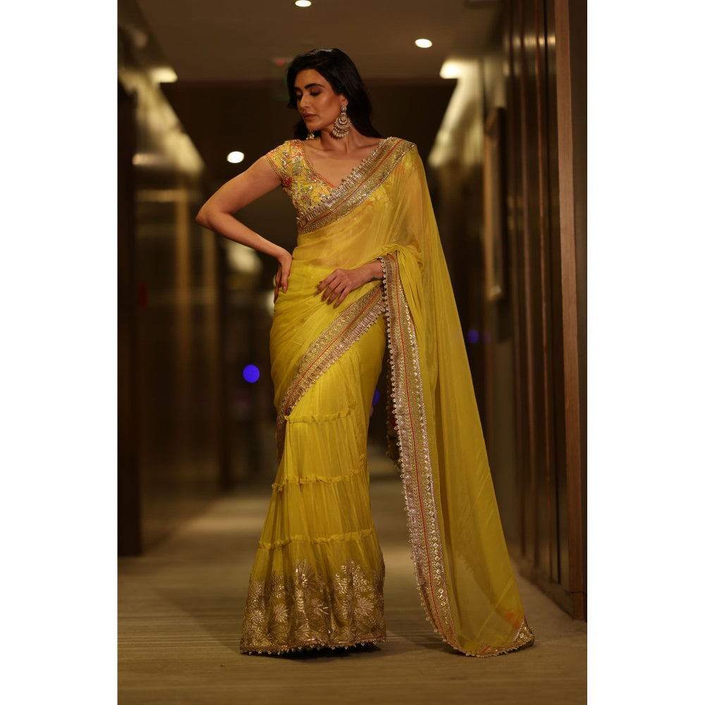 Gopi Vaid Yellow Kanika Pre-Draped Saree with Stitched Blouse