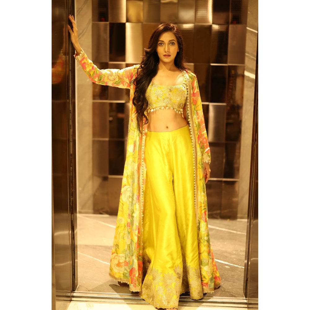 Gopi Vaid Yellow Parul Cape with Blouse and Flared Pant (Set of 3)