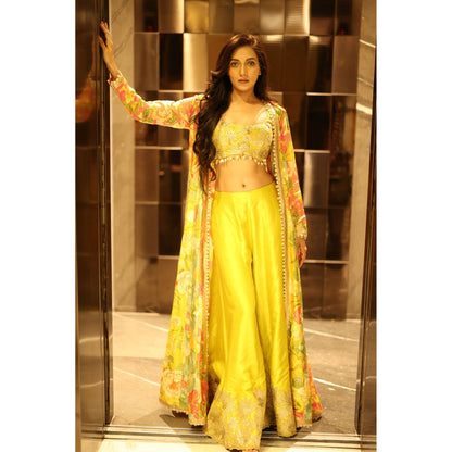Gopi Vaid Yellow Parul Cape with Blouse and Flared Pant (Set of 3)