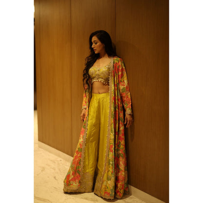 Gopi Vaid Yellow Parul Cape with Blouse and Flared Pant (Set of 3)