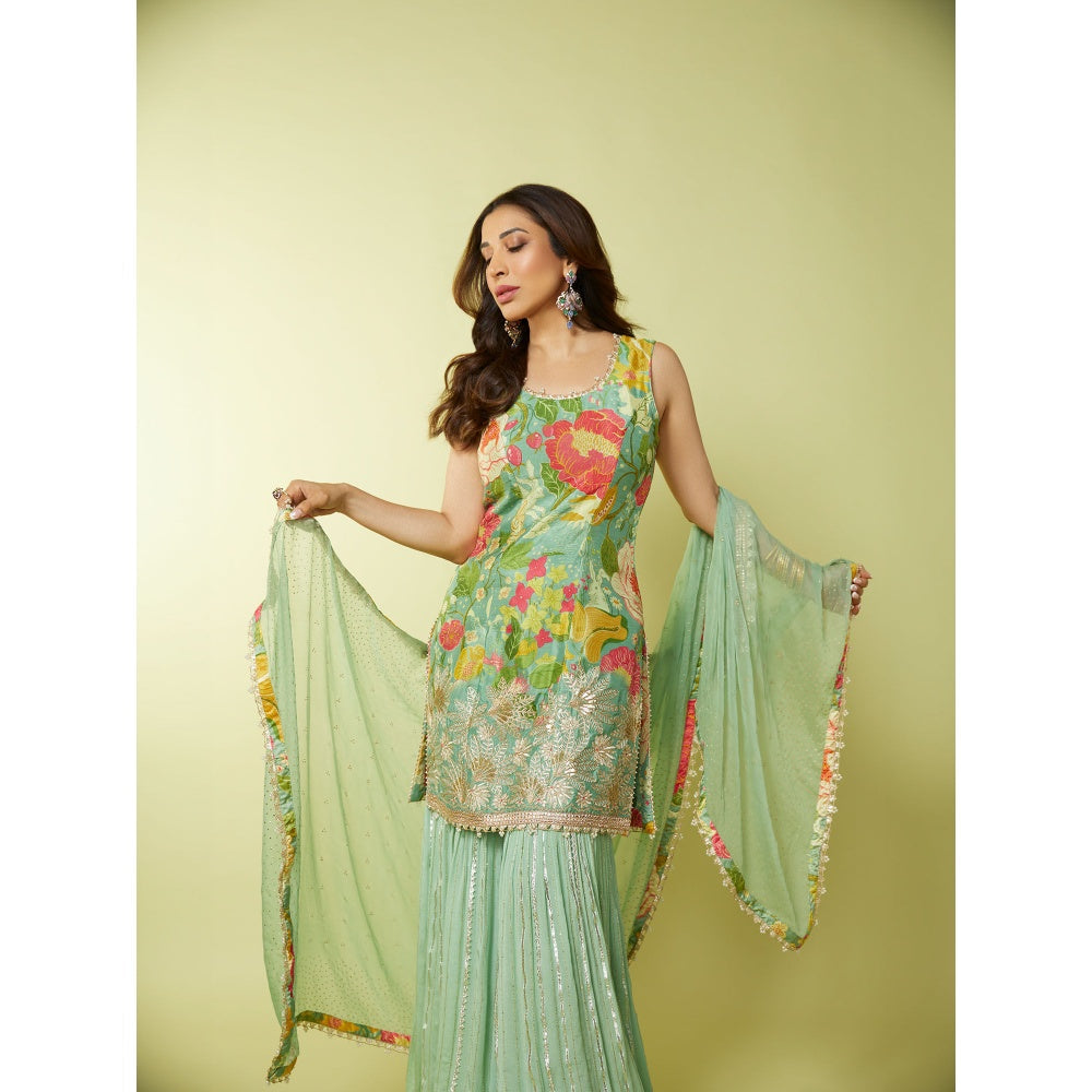 Gopi Vaid Green Sofian Sharara with Kurta and Dupatta (Set of 3)
