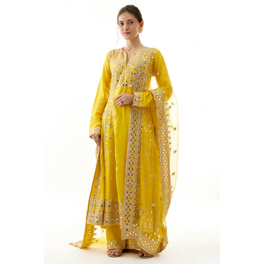 Gopi Vaid Yellow Embroidered Kurta Pants Dupatta