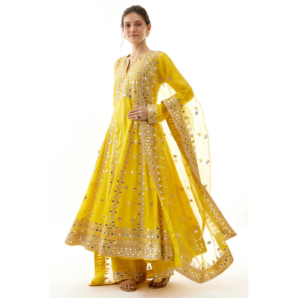 Gopi Vaid Yellow Embroidered Kurta Pants Dupatta