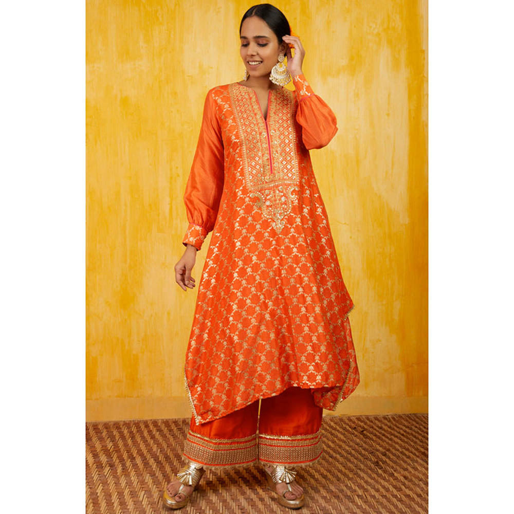 Gopi Vaid Marigold Marodi Embroidered Kaftan Tunic Set