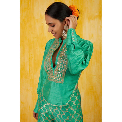 Gopi Vaid Marigold Brocade Shirt Set