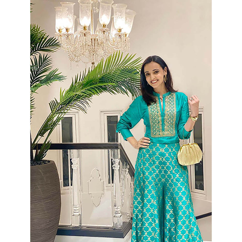 Gopi Vaid Marigold Brocade Shirt Set