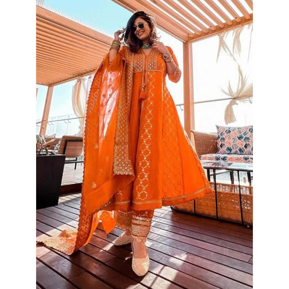 Gopi Vaid Kishwer Merchant in Marigold Brocade Fo With Palazzo