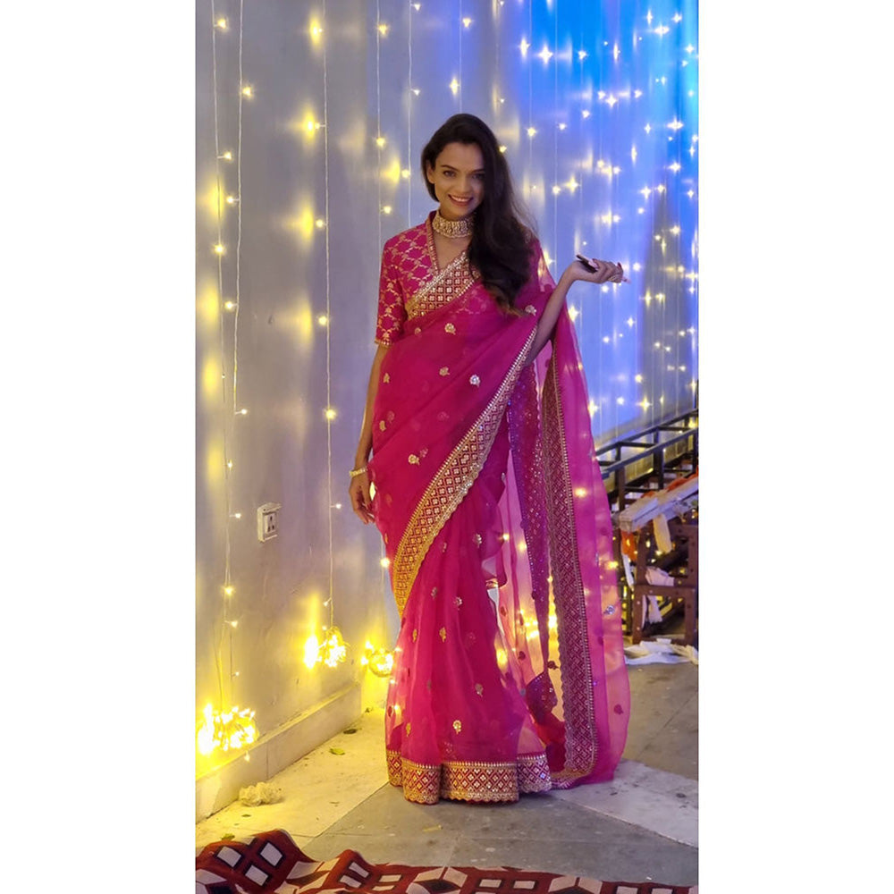 Gopi Vaid Monalisa Mahapatra in Marigold Brocade Saree with Stitched Blouse
